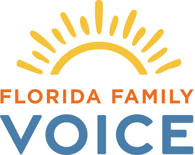 A yellow sun with rays appears above the words “FLORIDA FAMILY VOICE,” with “FLORIDA FAMILY” in orange and “VOICE” in blue, all on a light background.