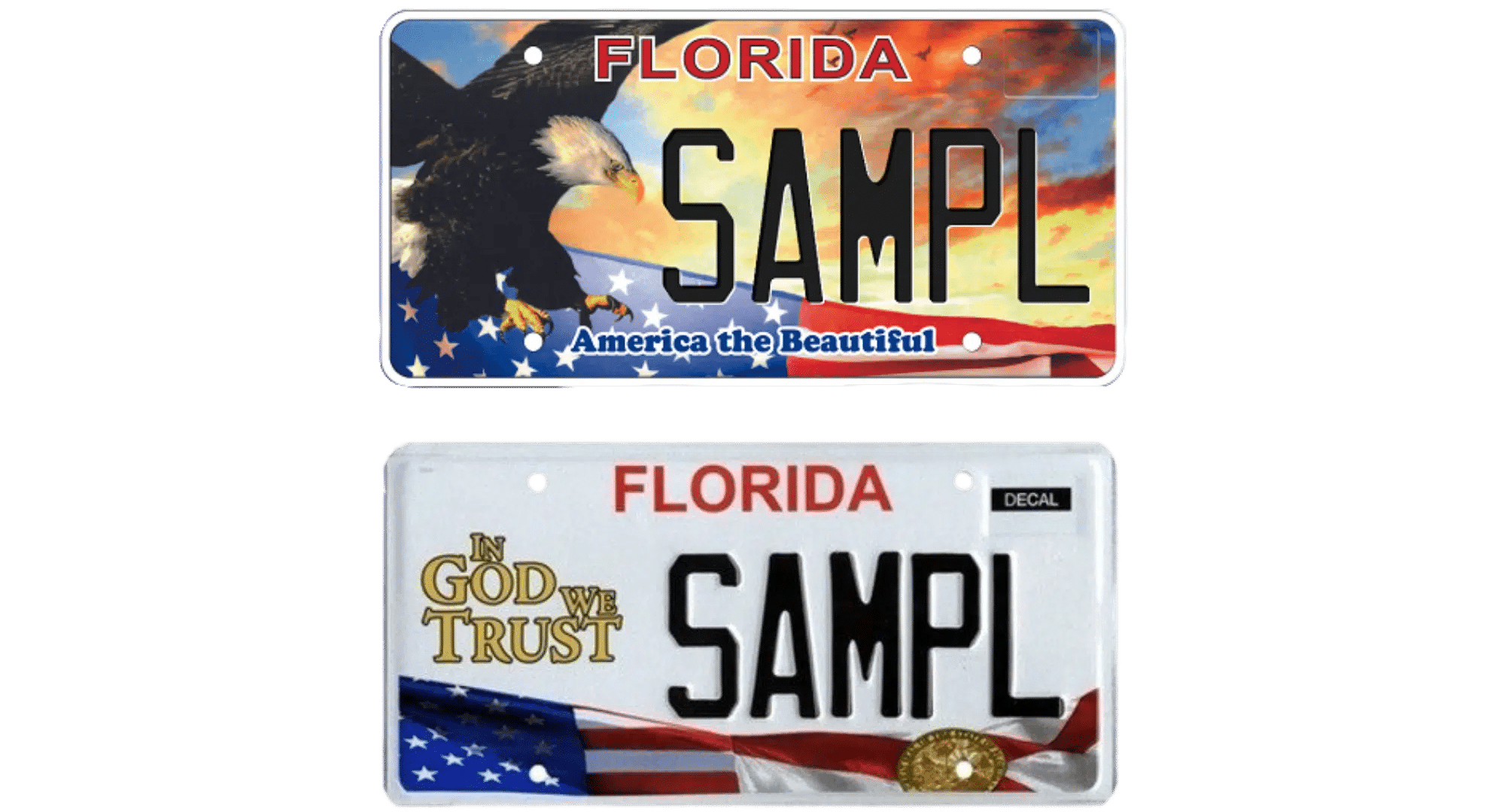 Two Florida license plates: one with a bald eagle, sky, and “America the Beautiful,” and another with “In God We Trust,” state seal, and flag ribbon. Some designs support student scholarships. Both show “SAMPL.”.