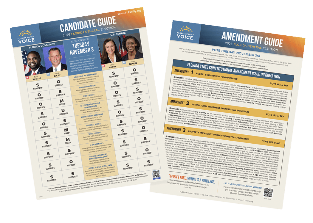 Two election guide flyers show candidate choices for governor and U.S. Senate and explanations of state constitutional amendments for the Florida 2026 general election.