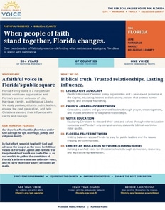Informational flyer for Florida Family Voice detailing the organization’s mission, legislative advocacy, and community outreach programs.